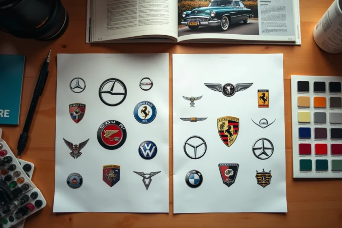 Bureau de designer graphique avec fiches de référence des logos de marques automobiles et magazine vintage