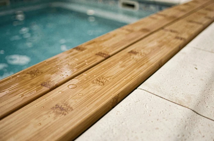 Gros plan sur des lames de terrasse en bambou en bord de piscine avec gouttelettes d'eau et finition mate naturelle