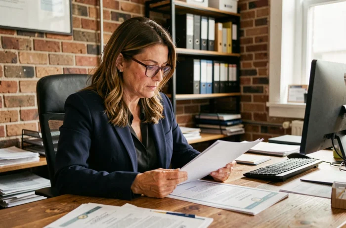 Dirigeante de PME analysant une stratégie de certification professionnelle dans un bureau moderne