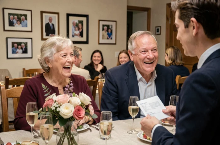 Couple marié depuis 40 ans éclatant de rire lors d'un discours humoristique en famille autour d'une table de fête