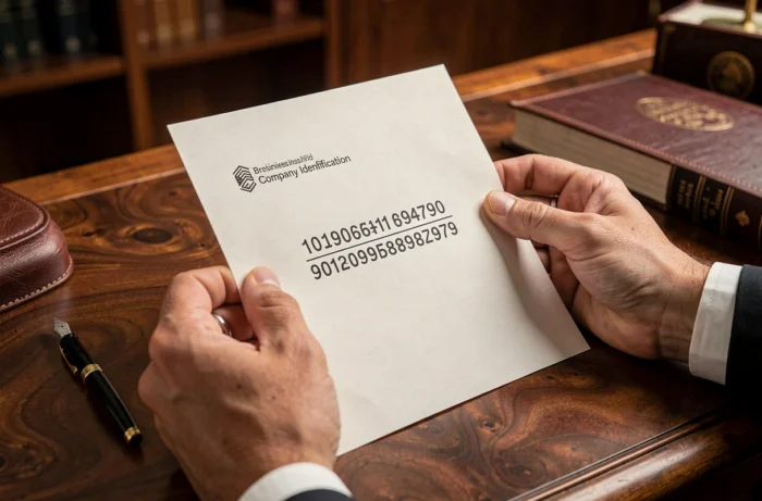 Gros plan de mains tenant un document officiel de certification d'entreprise avec numéro d'identification à neuf chiffres sur un bureau en noyer