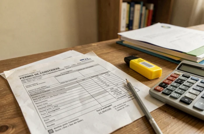 Documents administratifs français pour la taxe d'aménagement d'un garage posés sur un bureau avec calculatrice et stylo