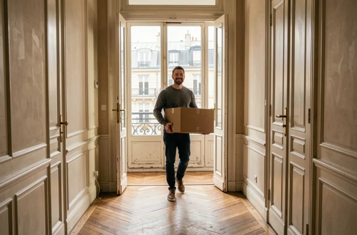 Homme emménageant dans un appartement haussmannien parisien avec des cartons de déménagement