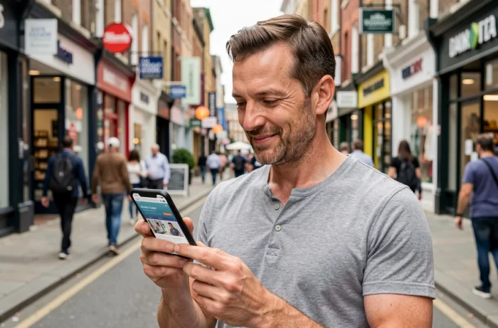 Chef d'entreprise consultant le site web de sa société sur smartphone en pleine rue commerçante pour renforcer sa présence digitale locale