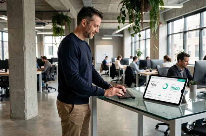 Entrepreneur masculin travaillant sur sa stratégie e-commerce dans un espace de co-working moderne