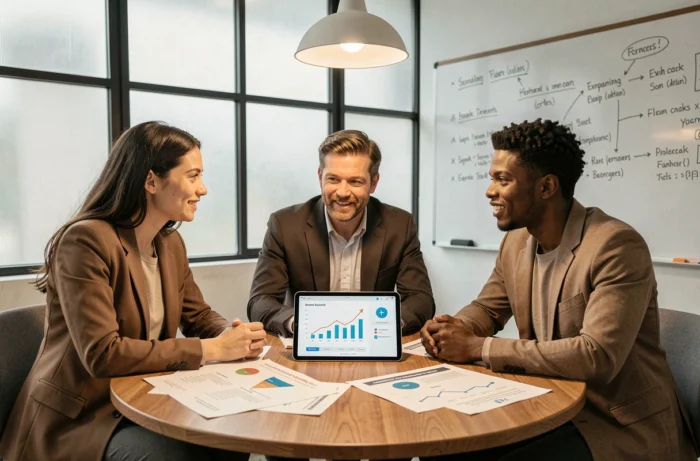 Équipe de professionnels collaborant sur une stratégie de business en ligne autour d'une table de réunion startup