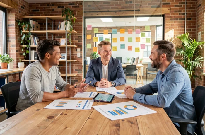 Équipe marketing collaborant autour d'une stratégie de présence digitale avec des documents SEO et des métriques de réseaux sociaux dans un espace de travail créatif