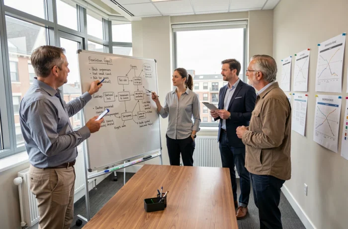 Équipe de PME en réunion pour planifier une stratégie de certifications professionnelles