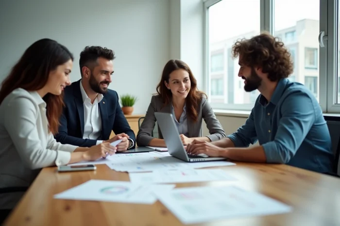 Équipe professionnelle en réunion autour d'une table discutant d'une stratégie de rebranding avec des documents et un ordinateur portable