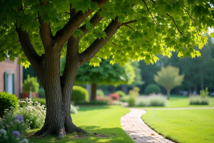 Érable champêtre au feuillage vert vif et à l'écorce liégeuse grise dans un jardin résidentiel en été
