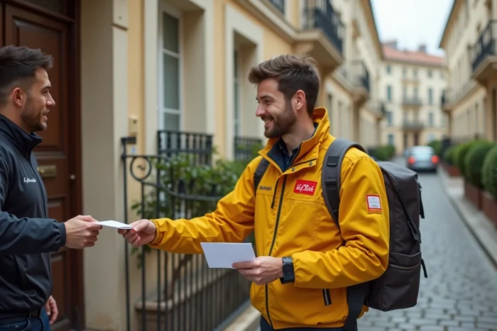 Facteur remettant un avis de réception signé pour une lettre recommandée R2 devant une résidence