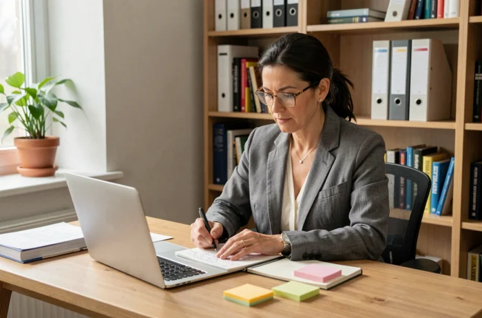 Femme professionnelle faisant le point sur une situation au bureau avec des notes et un ordinateur portable