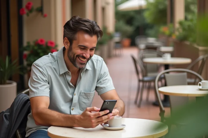 Homme en vacances qui envoie un faux message d'absence automatique par SMS depuis une terrasse ensoleillée