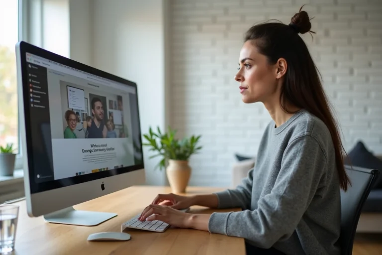 Femme consultant les dernières actualités web sur un grand écran d'ordinateur dans un bureau moderne en 2024