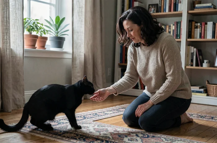 Femme aux cheveux bouclés tendant la main vers un chat noir dans un salon chaleureux, moment de connexion symbolique et spirituelle