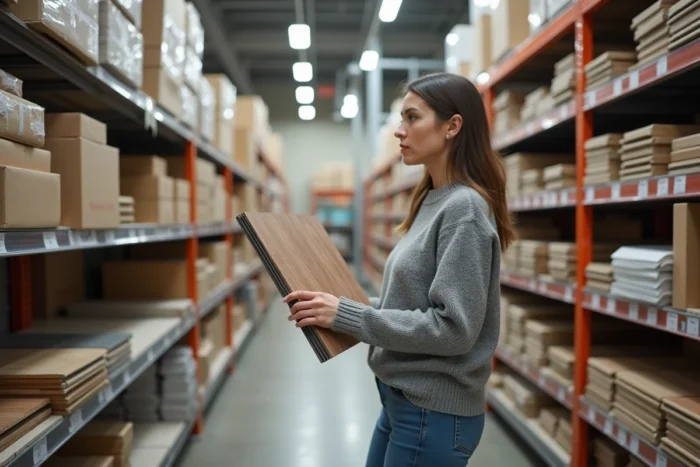 Femme comparant des matériaux de construction dans un magasin de bricolage pour économiser sur ses travaux