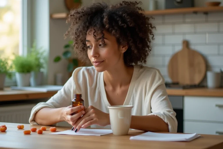 Femme examinant des compléments alimentaires Lashilé Good Hair à la cuisine, questionnant les effets secondaires possibles