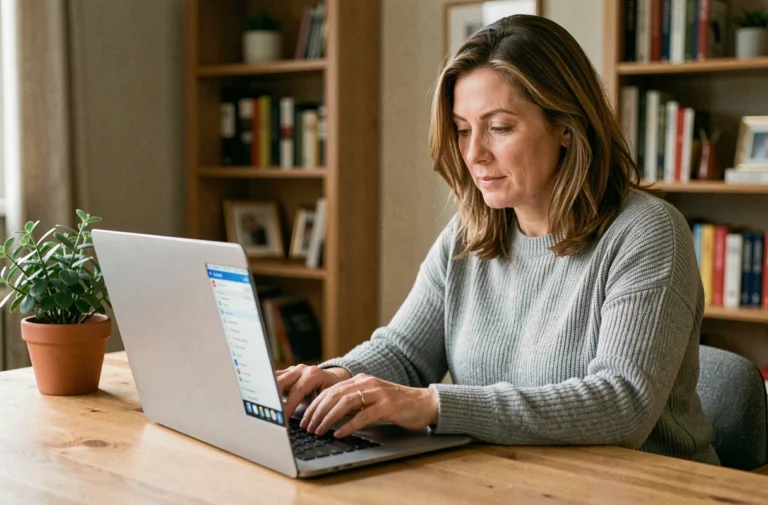 Femme consultant sa boîte mail sécurisée Akeonet sur un ordinateur portable dans un bureau à domicile