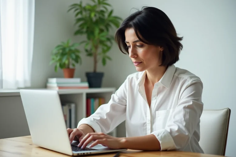 Femme consultant le site France Médicale sur un ordinateur portable dans un bureau à domicile