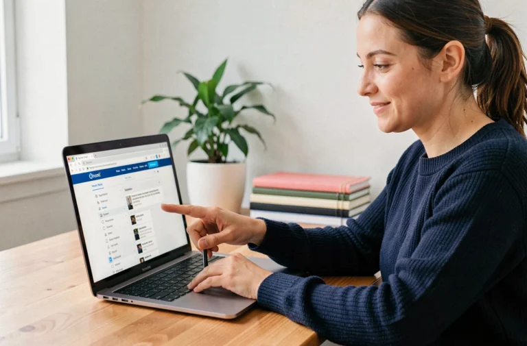 Femme consultant le plan du site de Lordy's sur un ordinateur portable dans un bureau à domicile