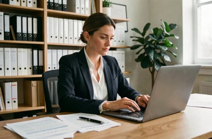 Femme professionnelle consultant des documents sur ordinateur portable pour une déclaration d'expertise en ligne