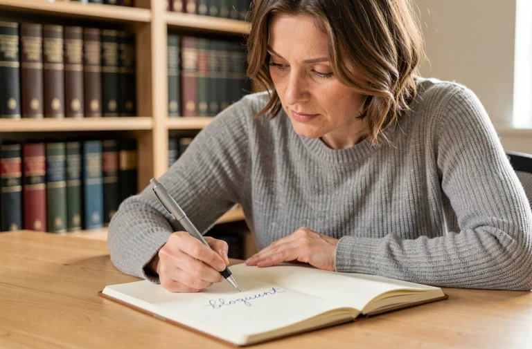 Femme écrivant le mot bloquant dans un carnet sur un bureau en bois, entourée de dictionnaires, illustrant la question orthographique bloquant ou blocant
