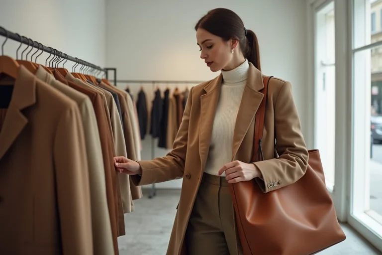 Femme élégante en manteau camel feuilletant des vêtements dans une boutique de mode parisienne minimaliste