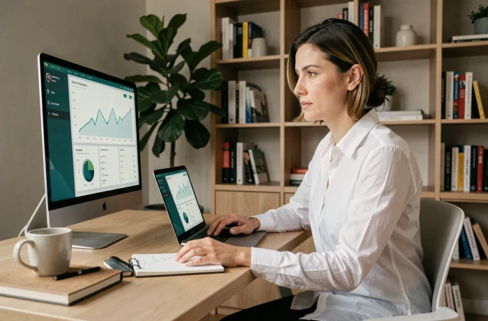 Femme entrepreneur analysant des données de business en ligne sur deux écrans dans un bureau moderne et minimaliste