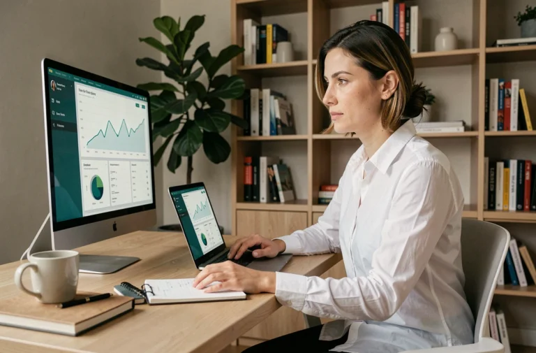 Femme entrepreneur analysant des données de business en ligne sur deux écrans dans un bureau moderne et minimaliste