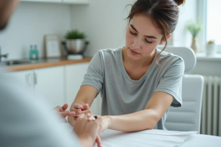 Femme examinant un grain de beauté sur son avant-bras chez le dermatologue