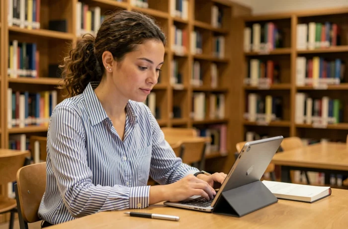 Jeune femme consultant un guide de sécurité pour boîte mail Akeonet sur une tablette dans une bibliothèque