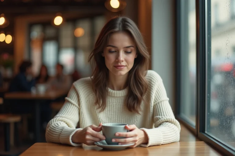 Femme hypersensible et à haut potentiel émotionnel absorbée dans ses pensées dans un café, illustrant l'introspection intense caractéristique du HPE