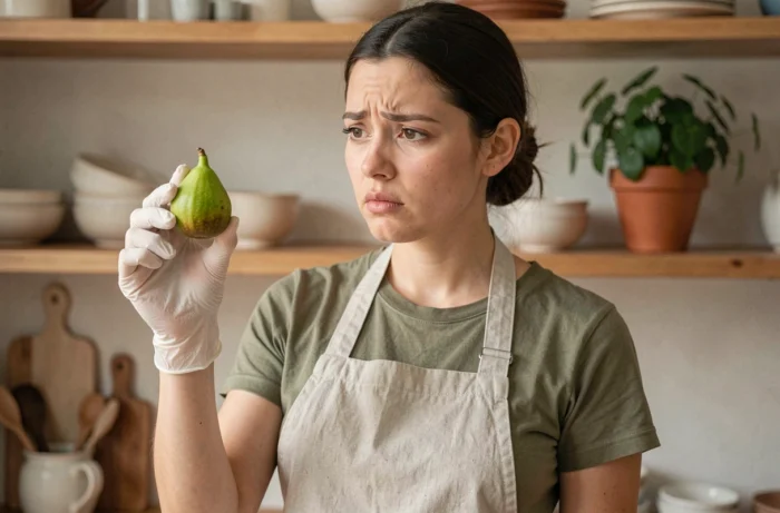 Femme inspectant une figue verte non mûre dans une cuisine avec précaution pour éviter les risques toxiques