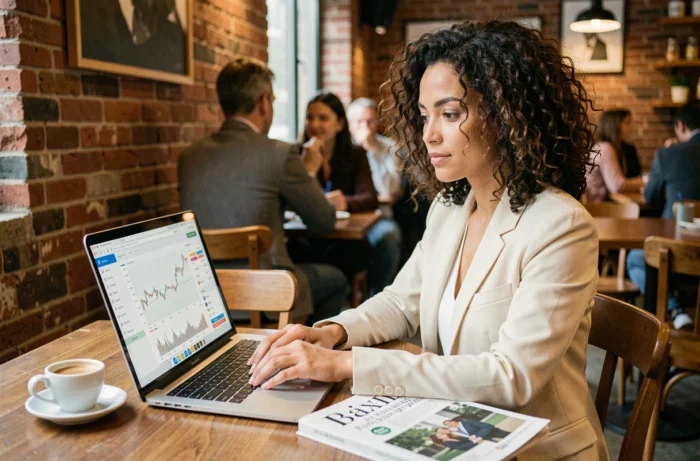 Jeune femme consultant une plateforme d'investissement boursier sur un ordinateur portable dans un café urbain