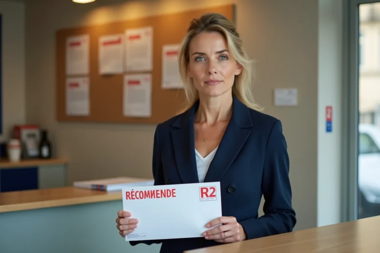 Femme tenant une enveloppe recommandée R2 au guichet d'un bureau de poste français