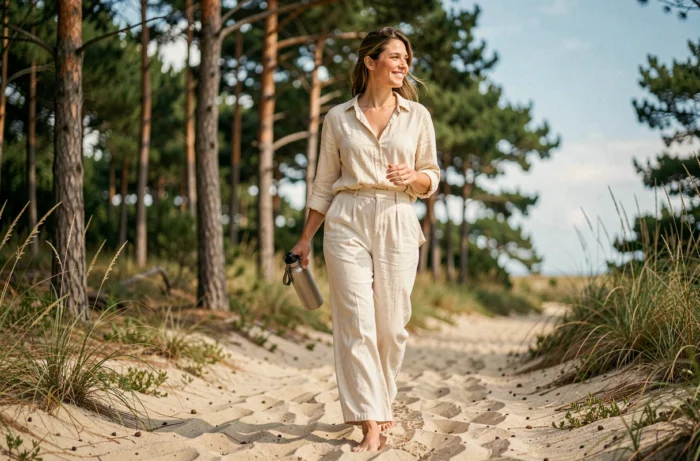 Jeune femme marchant pieds nus sur un sentier côtier naturel dans le cadre d'une routine bien-être et santé quotidienne