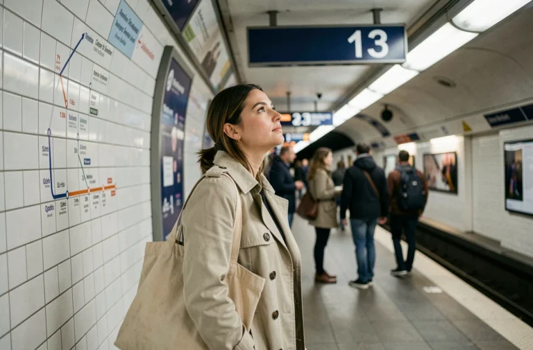 Jeune femme consultant le plan de la ligne 13 du métro parisien sur le quai d'une station