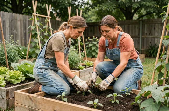 Femme jardinant dans un potager avec des plants de tomates et des légumes en rangées ordonnées