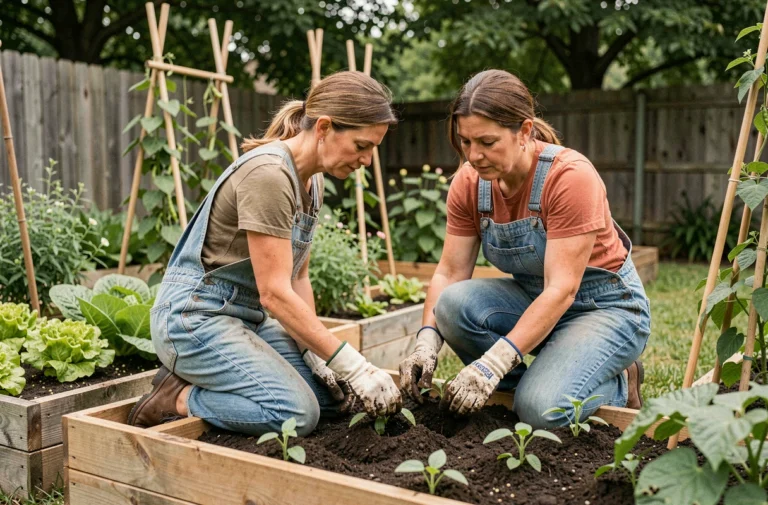 Femme jardinant dans un potager avec des plants de tomates et des légumes en rangées ordonnées