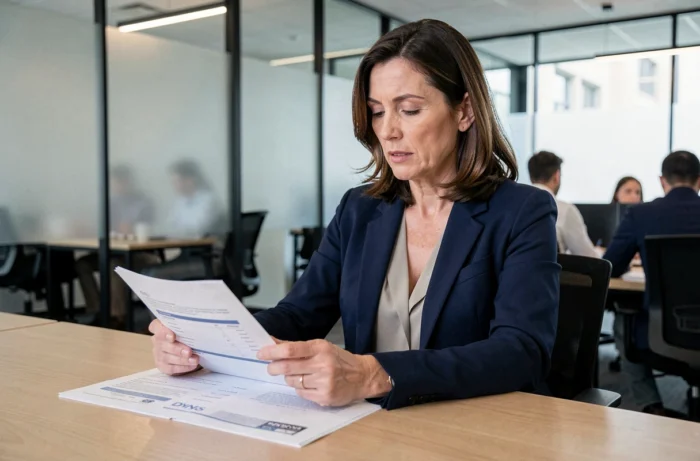 Femme professionnelle en blazer marine consultant des documents d'identification d'entreprise avec code DUNS dans un bureau moderne