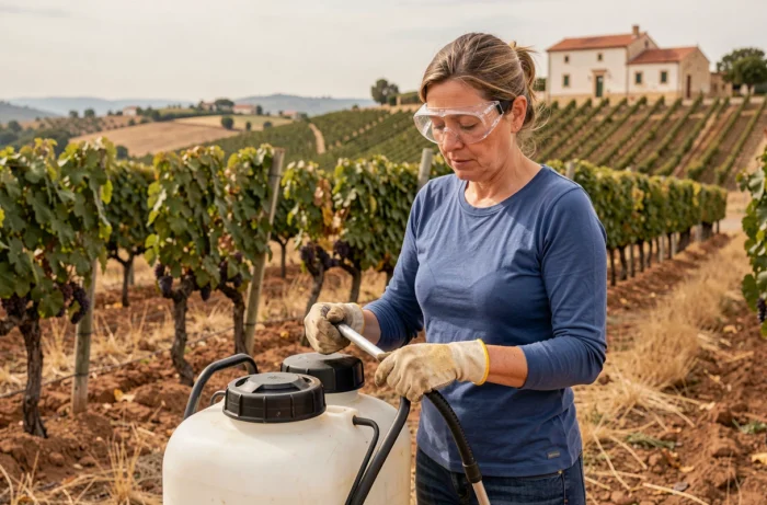 Femme équipée de protections individuelles préparant un pulvérisateur d'herbicide dans un vignoble portugais en Alentejo