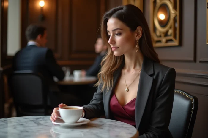 Femme sophistiquée en robe midi bordeaux et blazer gris assise dans un café parisien élégant