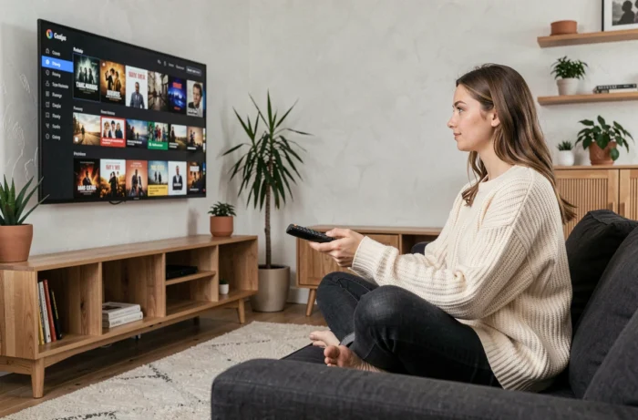 Jeune femme détendue regardant une interface de streaming sur sa télévision dans un salon moderne et cosy