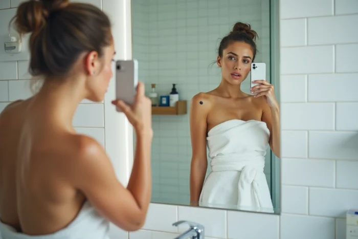 Femme photographiant un grain de beauté sur son épaule dans un miroir de salle de bain