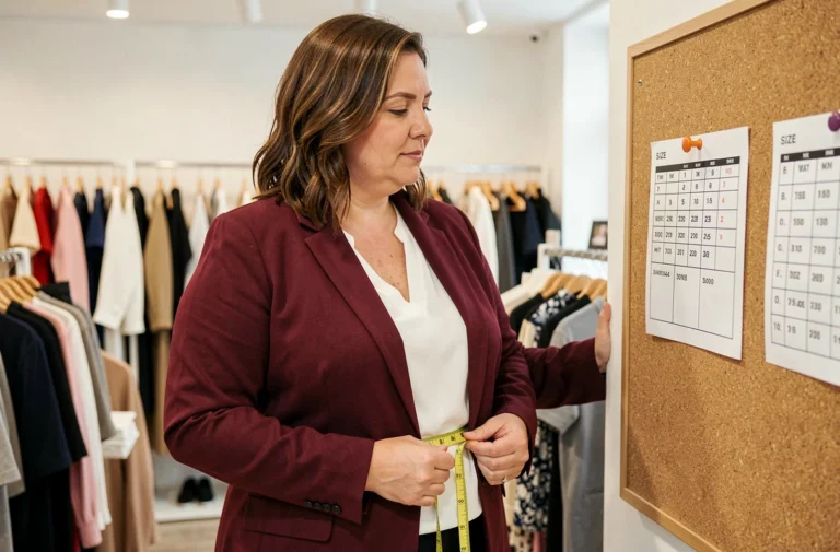 Femme portant une veste taille 2XL dans une boutique de mode avec un guide des tailles en arrière-plan