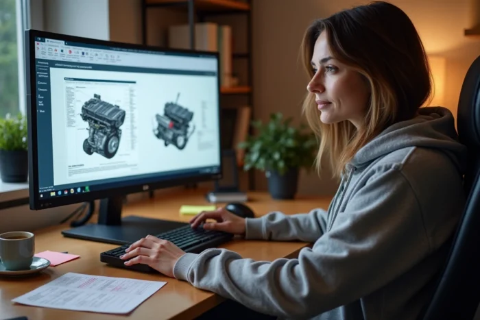 Femme téléchargeant une revue technique automobile gratuite en PDF sur son ordinateur à domicile
