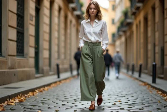 Femme tendance en pantalon large vert sauge marchant sur des pavés dans une rue européenne en automne