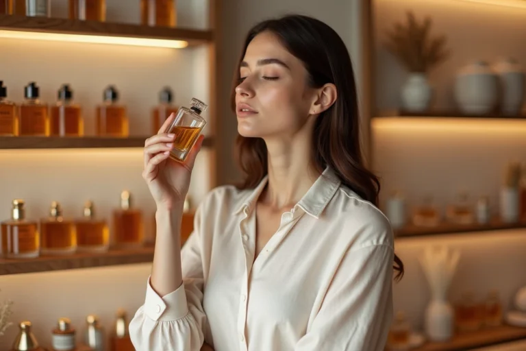 Femme testant un parfum dans une parfumerie artisanale pour trouver son parfum signature grâce à la liste Exhalessence