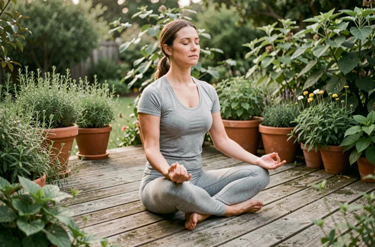 Femme pratiquant le yoga le matin sur une terrasse en bois entourée de plantes vertes pour améliorer son bien-être quotidien