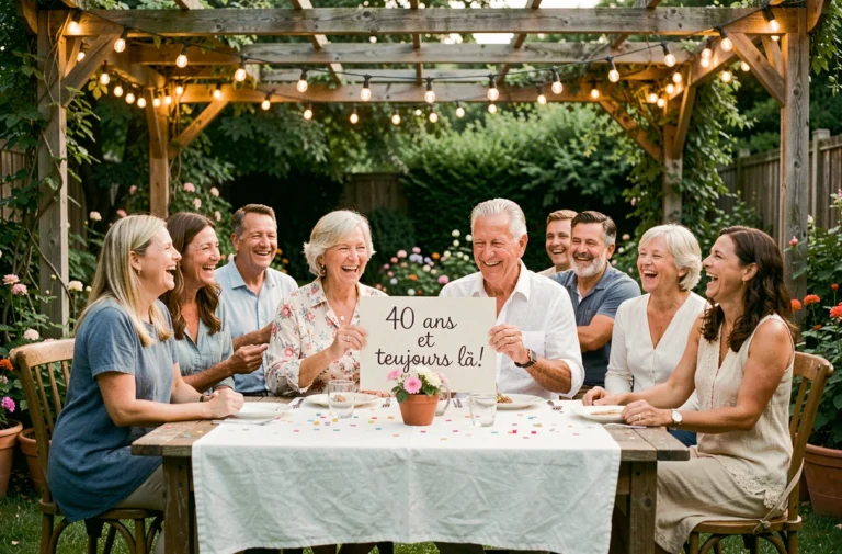 Couple fêtant 40 ans de mariage entouré de sa famille dans un jardin décoré avec pancarte humoristique